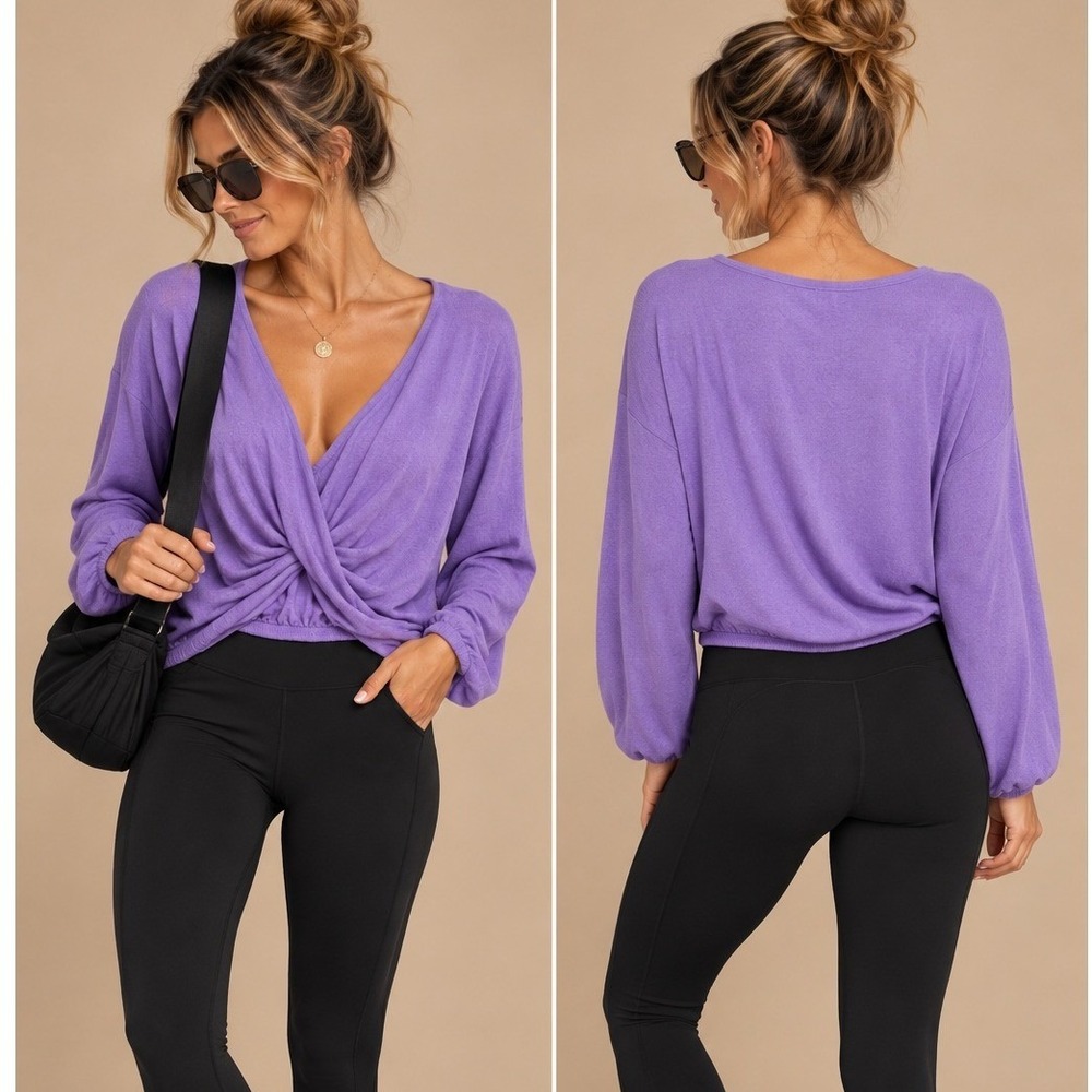 Beyond Yoga Womens Top L Purple Twist Front Deep V-Neck Long Sleeve Cropped Knit